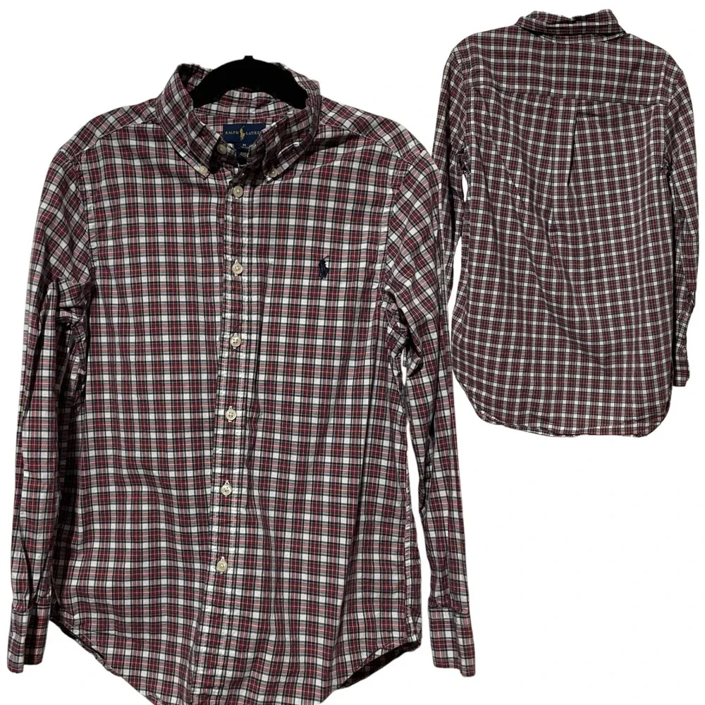 Ralph Lauren Boys Red White Navy Plaid Button Down Shirt Size M‎ 10-12 Cotton